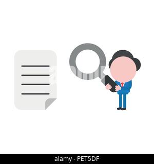 Vector illustration businessman character holding magnifying glass and looking written paper. Stock Vector