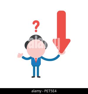 Vector illustration confused businessman character  holding red arrow moving down. Stock Vector