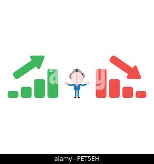 Vector illustration businessman character between sales bar charts moving up and down. Stock Vector