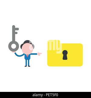 Vector illustration businessman character holding key and pointing file folder keyhole. Stock Vector