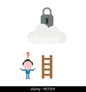 Vector illustration confused businessman character  cannot reach padlock on cloud with short wooden ladder. Stock Vector