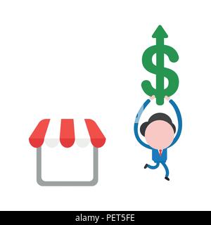 Vector illustration businessman character with shop store and running and carrying dollar arrow moving up. Stock Vector