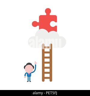 Vector illustration businessman character pointing missing jigsaw puzzle piece on cloud to reach with wooden ladder. Stock Vector