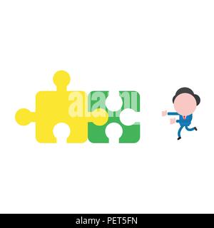 Vector illustration businessman character running to connected two jigsaw puzzle pieces. Stock Vector