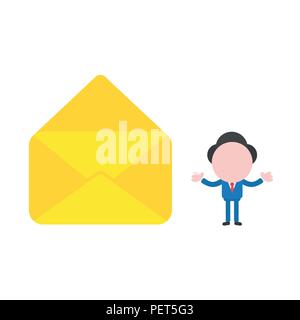 Vector illustration businessman character with empty open mail envelope. Stock Vector