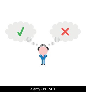 Vector illustration businessman character with thought bubbles with check and x marks. Stock Vector