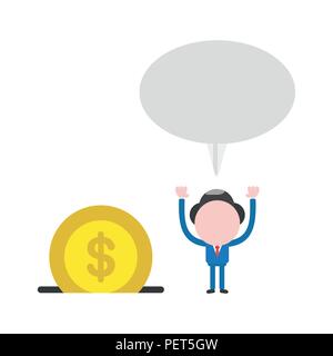 Vector illustration businessman character with blank speech bubble and dollar money coin into moneybox hole. Stock Vector