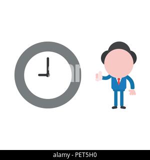 Vector illustration businessman character gesturing thumbs up with clock time icon. Stock Vector