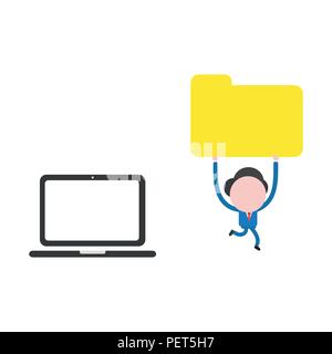 Vector illustration businessman character running and carrying closed file folder from laptop computer. Stock Vector