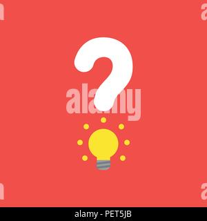 Flat vector icon concept of question mark with glowing yellow light bulb on red background. Stock Vector