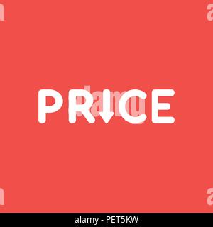 Flat vector icon concept of price word with arrow moving down on red background. Stock Vector
