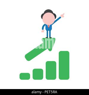 Vector illustration businessman character pointing up and standing on sales chart arrow moving up. Stock Vector