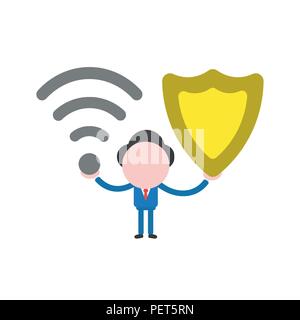 Vector illustration businessman character holding wireless wifi symbol and guard shield. Stock Vector