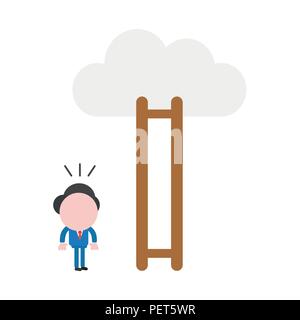 Vector illustration businessman character looking wooden ladder with missing steps to reach cloud. Stock Vector