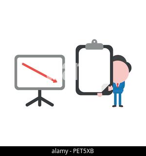 Vector illustration businessman character with sales chart arrow moving down and holding clipboard with blank paper. Stock Vector