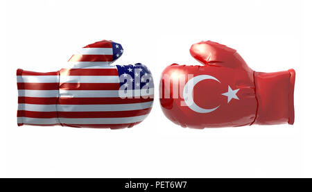 Boxing gloves with Usa and Turkey flag, isolated 3d illustration Stock Photo