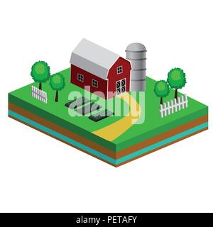 Isometric Red Barn And Trees cows vector illustration Stock Vector