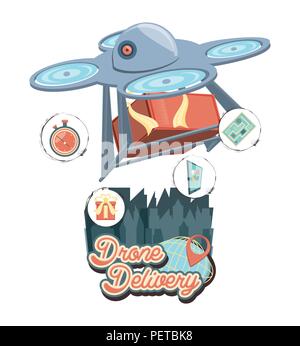 drone delivery service with box and cityscape vector illustration ...
