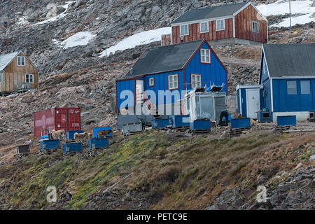 Typical colourful wooden houses in autumn, Ittoqqortoormiit, Sermersooq Municipality, Eastern Greenland, Kingdom of Denmark Stock Photo