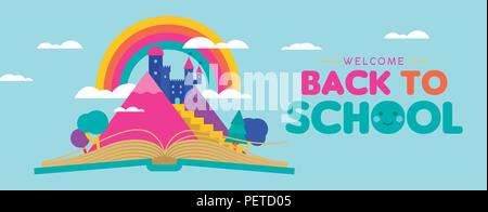 Back to school web banner with open book for children imagination and reading concept. Magic fairy tale kingdom on rainbow sky, colorful fantasy world Stock Vector