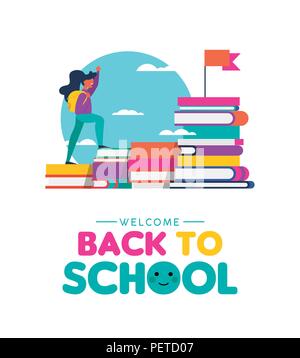 Back to school illustration of kid climbing book mountain. Education success concept with happy girl reaching study goal. EPS10 vector. Stock Vector