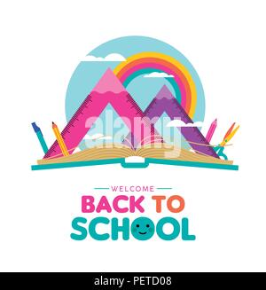 Back to school illustration, open book with mountain landscape made of squad ruler and pencils. Math geometry subject equipment on rainbow sky for edu Stock Vector