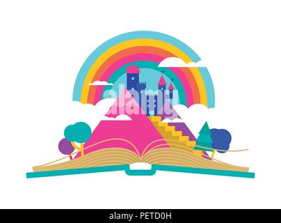 Illustration of a book with a rainbow at the forest on a white ...