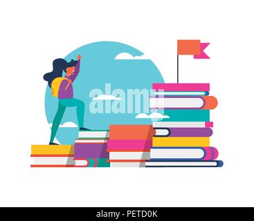 Happy girl student climbing mountain of study books for school learning challenge, success concept. Isolated education design in vibrant flat colors.  Stock Vector