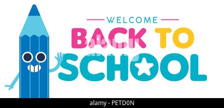 Welcome Back to school web banner illustration with happy color pencil character waving hello, children education design. EPS10 vector. Stock Vector