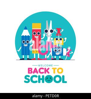 Welcome Back to school illustration with happy art supplies friends waving hello, children education design. Cute characters include pencil, eraser, s Stock Vector