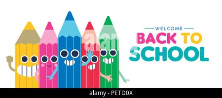 Welcome Back to school web banner illustration with happy color pencil cartoons friends waving hello, children education design. Cute characters in co Stock Vector