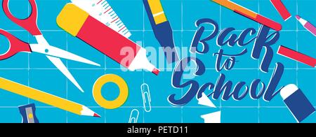 Back to School web banner, colorful classroom supplies on study table. Includes pencil, ruler, eraser, paper clip and more. EPS10 vector. Stock Vector