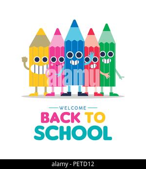 Welcome Back to school illustration with happy color cartoons pencil friends waving hello, children education design. Cute characters in colorful styl Stock Vector