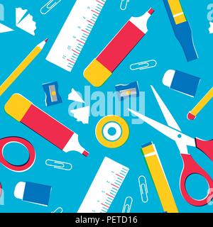 School supplies seamless pattern, classroom equipment background or office space tools. Includes pencil, ruler, eraser, paper clip and more. EPS10 vec Stock Vector