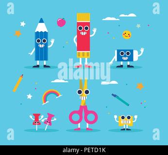 School supply character set. Includes color pencil, glue, scissors, eraser and sharpener. Funny designs in colorful style for class, children nursery  Stock Vector