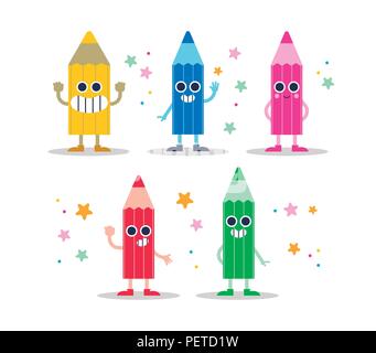 Color pencil character set template on isolated background. Funny pencils in colorful style with different poses for back to school, children nursery  Stock Vector