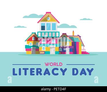 Literacy Day greeting card illustration, houses made of books. Education design for children reading imagination concept. EPS10 vector. Stock Vector