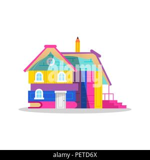 Big house made of colorful children books on isolated white background, concept illustration for kids imagination or school education. EPS10 vector. Stock Vector