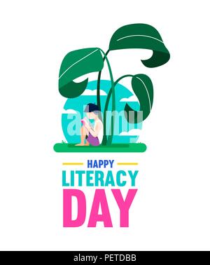 Happy Literacy Day design, boy reading book under giant jungle plant. World education for children, concept illustration. EPS10 vector. Stock Vector