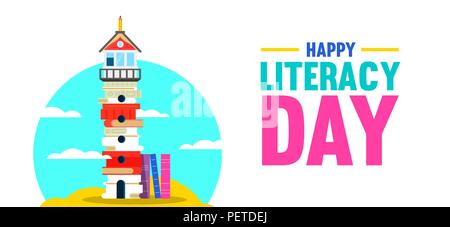 Literacy Day illustration, lighthouse tower made of books on empty island. Education design for kid reading imagination concept. EPS10 vector. Stock Vector