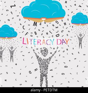 Literacy Day illustration, people made of alphabet letter under book clouds. World education for children concept. EPS10 vector. Stock Vector