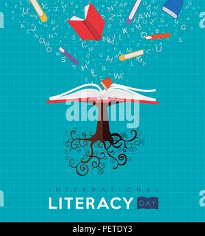 International Literacy Day illustration of book tree. Reading education concept, school learning for children worldwide. EPS10 vector. Stock Vector
