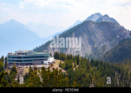 Gondola summit observation deck on top of Sulphur Mountain offers a panoramic view of six mountain ranges of the Bow Valley in Banff National Park. Stock Photo