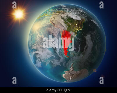 Sunset above Argentina highlighted in red on planet Earth with atmosphere and clouds. 3D illustration. Elements of this image furnished by NASA. Stock Photo