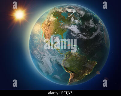 Sunset above Haiti highlighted in red on planet Earth with visible ...