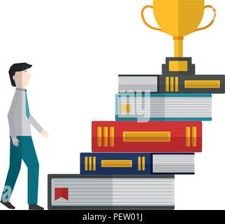 businessman climbs stairs of books trophy on top Stock Vector