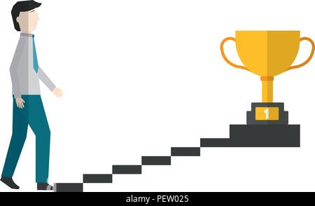 businessman climbs stairs with trophy on top Stock Vector
