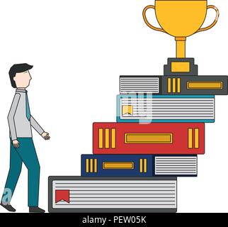 businessman climbs stairs of books trophy on top Stock Vector