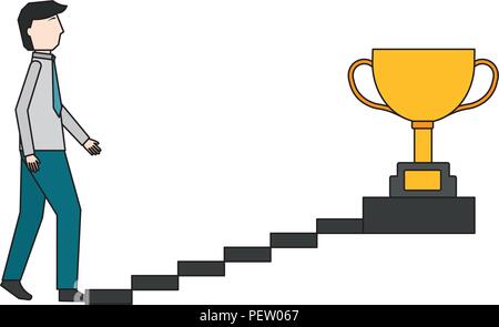 businessman climbs stairs with trophy on top Stock Vector