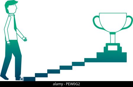 businessman climbs stairs with trophy on top Stock Vector